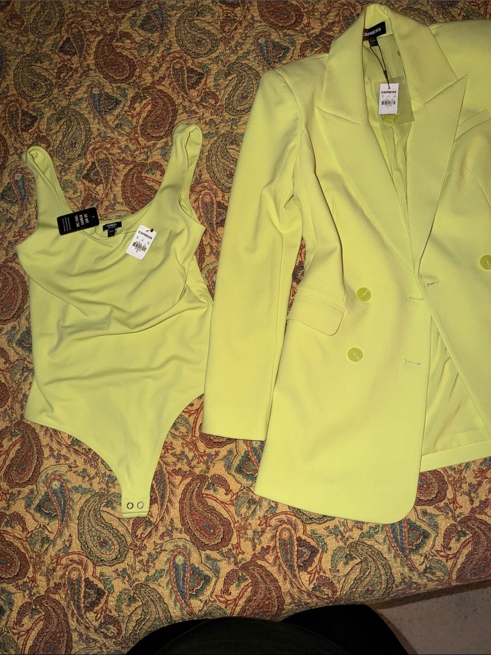 Express Neon Yellow Double-Breasted Blazer with Matching Bodysuit